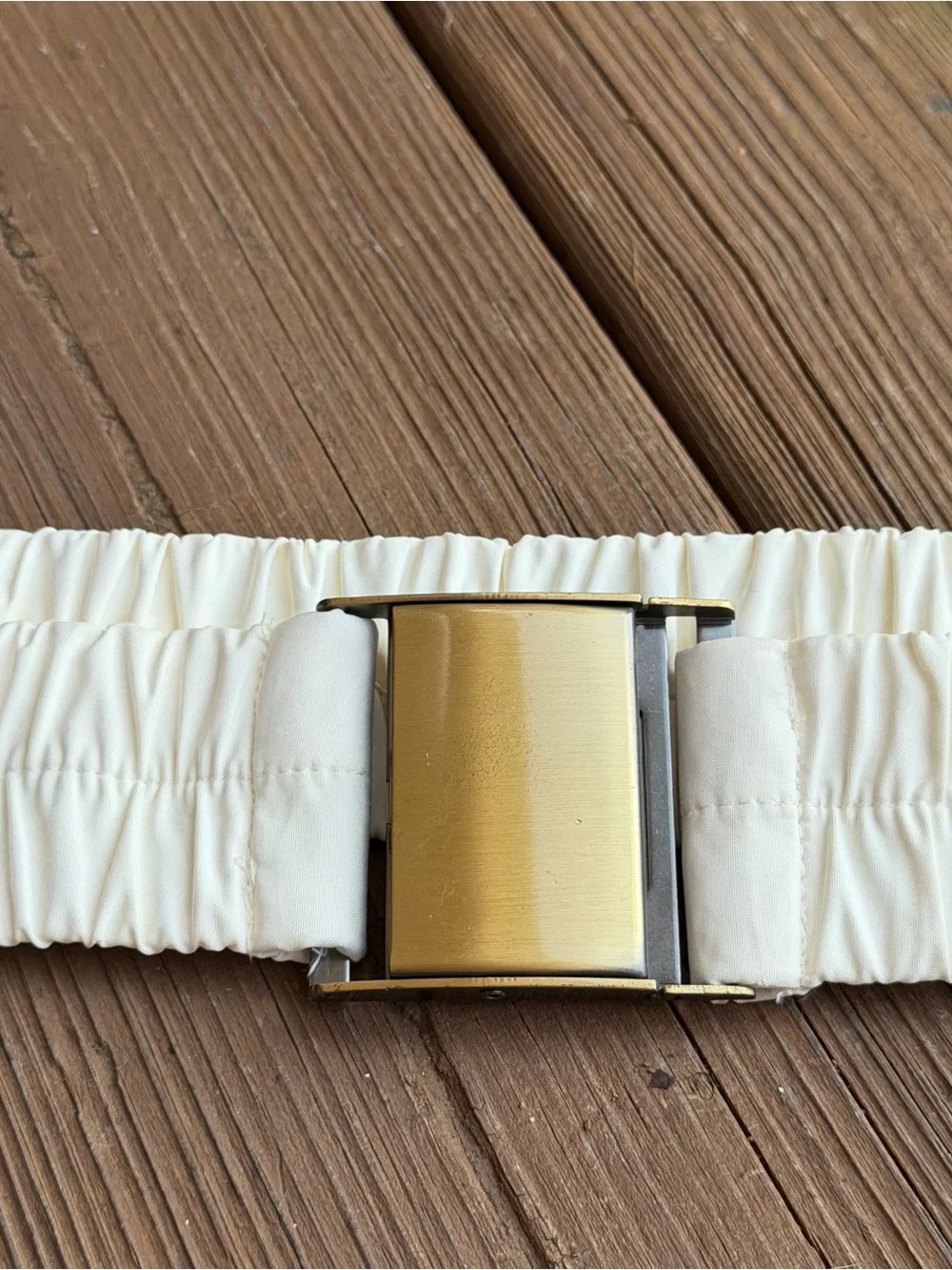 Vintage 80s White Ruched Elastic Cinch Belt Wide Gold Buckle Statement 39”